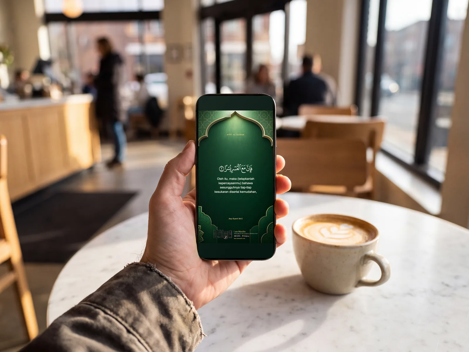 Kad ayat di skrin iPhone yang dipegang di kafe